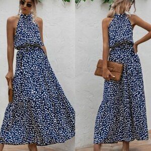 floral print belted halter maxi dress